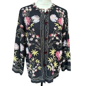Vermont Country Store Embroidered Floral Cottagecore Boho Cardigan Jacket - M